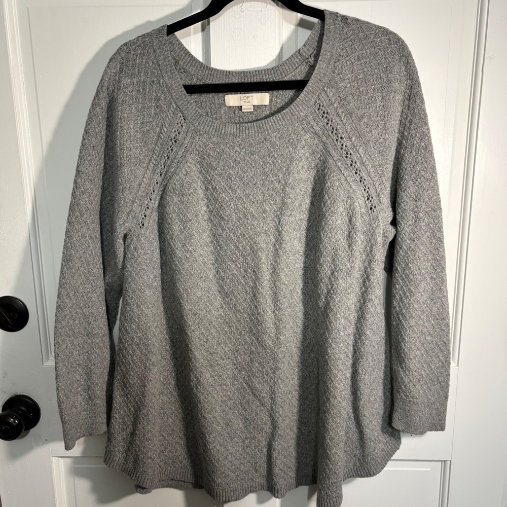 LOFT Plus Grey Textured Knit Pointelle Raglan Sleeve Sweater 20/22 504683